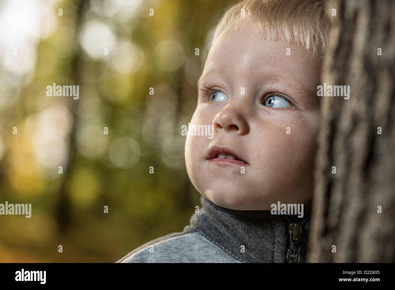 A young boy leaning against a tree trunk looking away thoughtfully Stock Photo