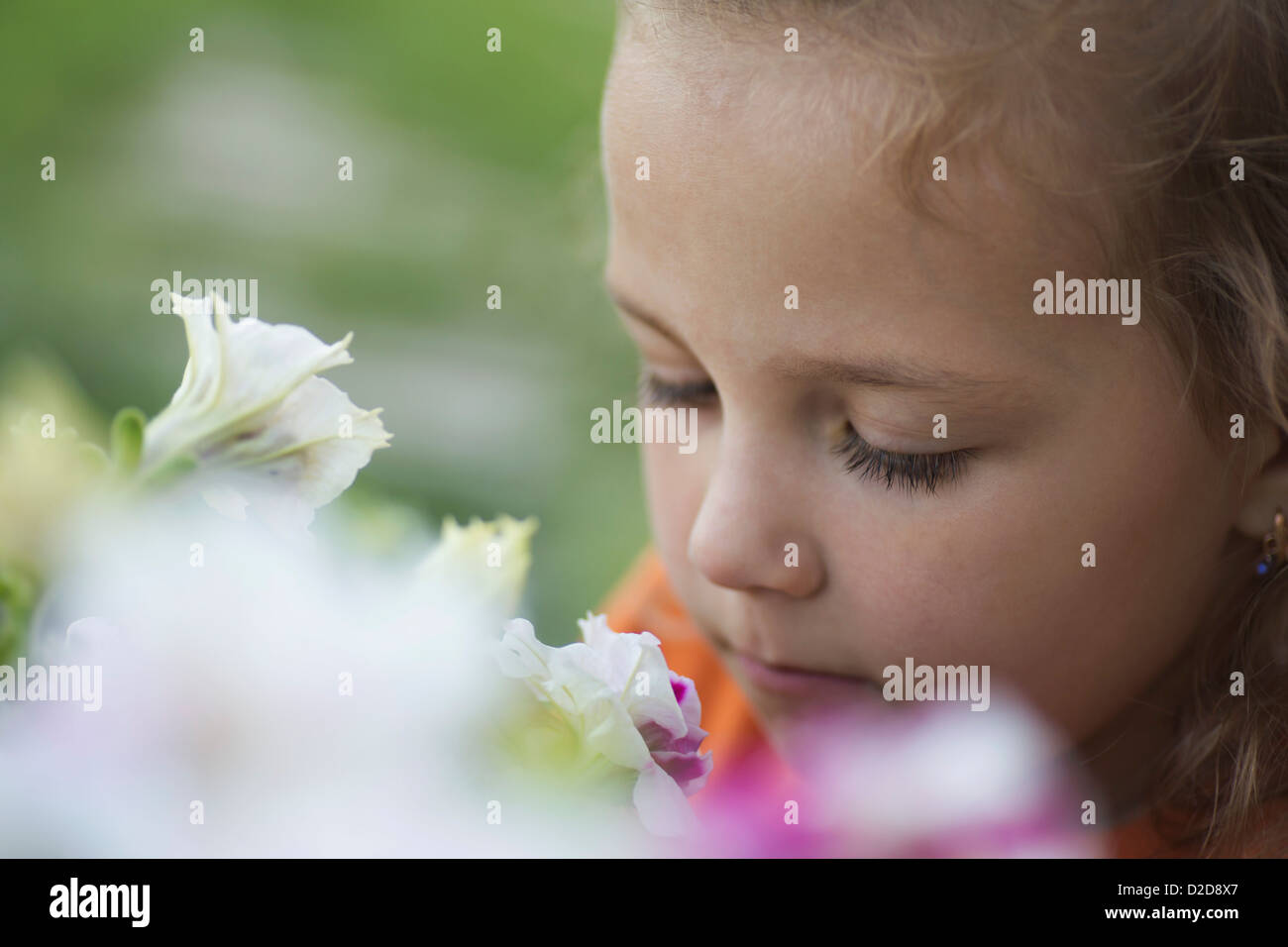 A young girl concentrating on smelling a flower Stock Photo