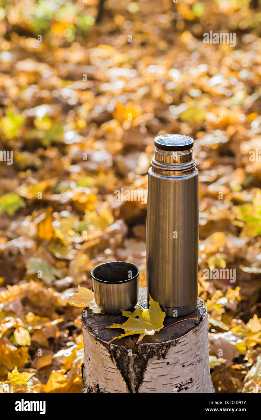 A thermos and a thermos lid on a tree stump in autumn Stock Photo