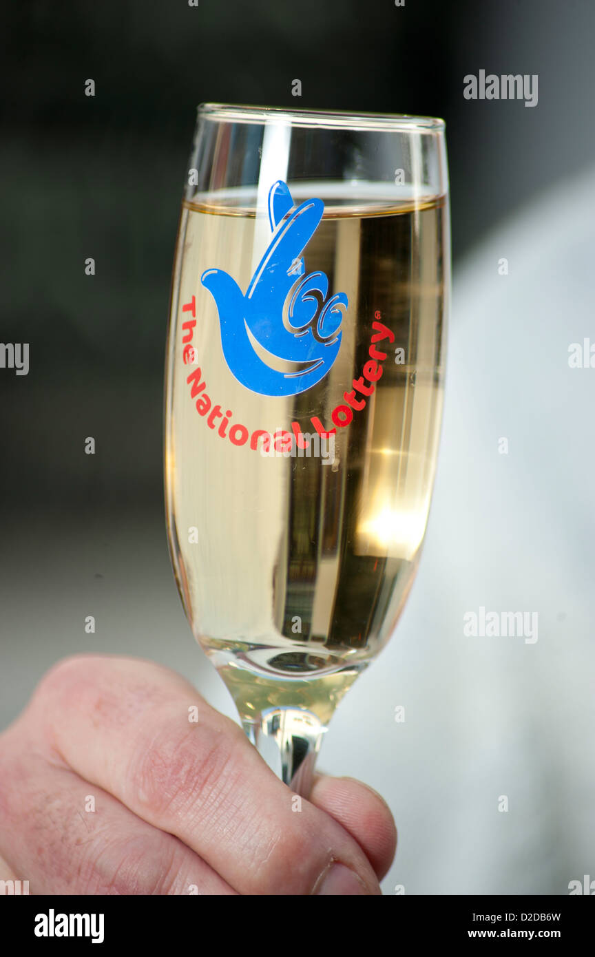 A national lottery champagne glass used for toasting a win. Stock Photo