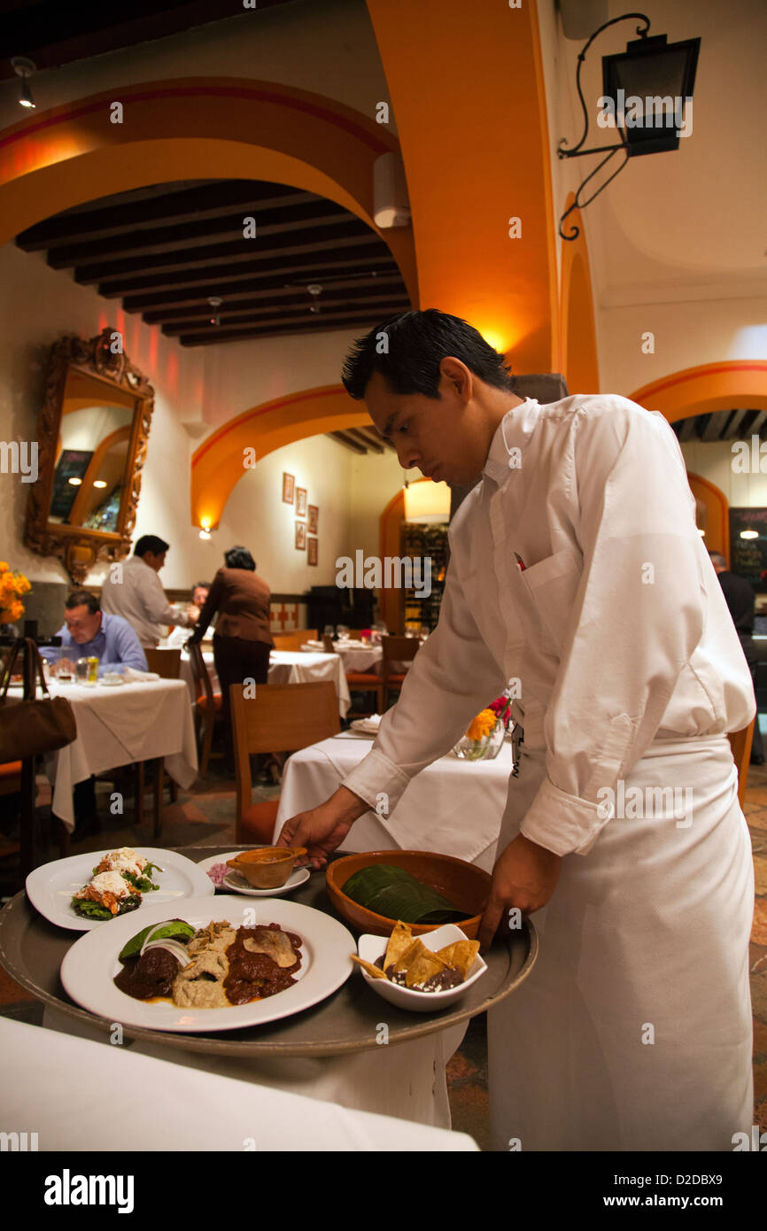 El Mural De Los Poblanos Restaurant in Puebla Waiter serving food to table Mexico Stock