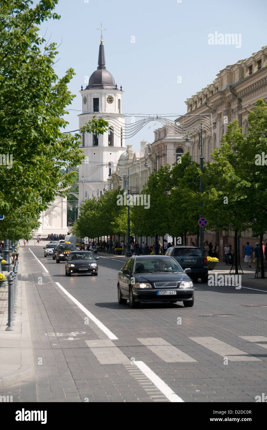 The main shopping street, Gedimino Avenue  (Gedimino Prosspektas) with light traffic and the bell tower in Vilnius, Lithuania Stock Photo