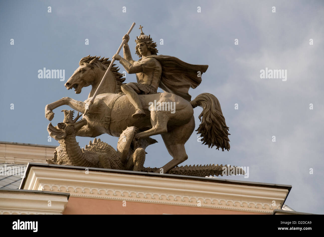A sculpture of St.George and dragon on top of the Grand Duke Palace in the main shopping area of Gedimino Avenue in Vilnius, Lithuania, Stock Photo