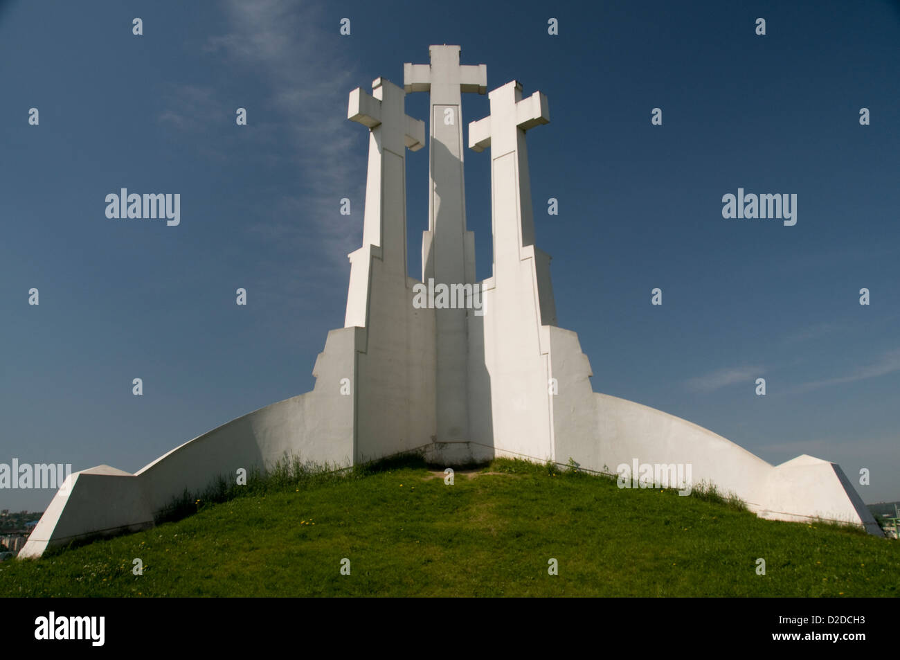 The Hill of Three Crosses monument made of white stone is a prominent landmark on top of a small hill within Kalnai Park of Vilnius in Lithuania, Stock Photo