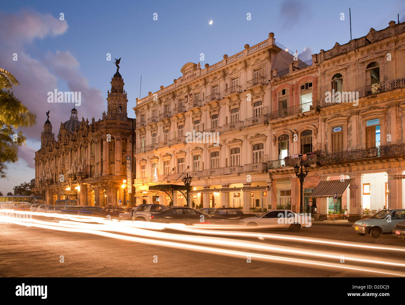 Hotel Inglaterra in Paseo del Prado at night, Havana, Cuba Stock Photo