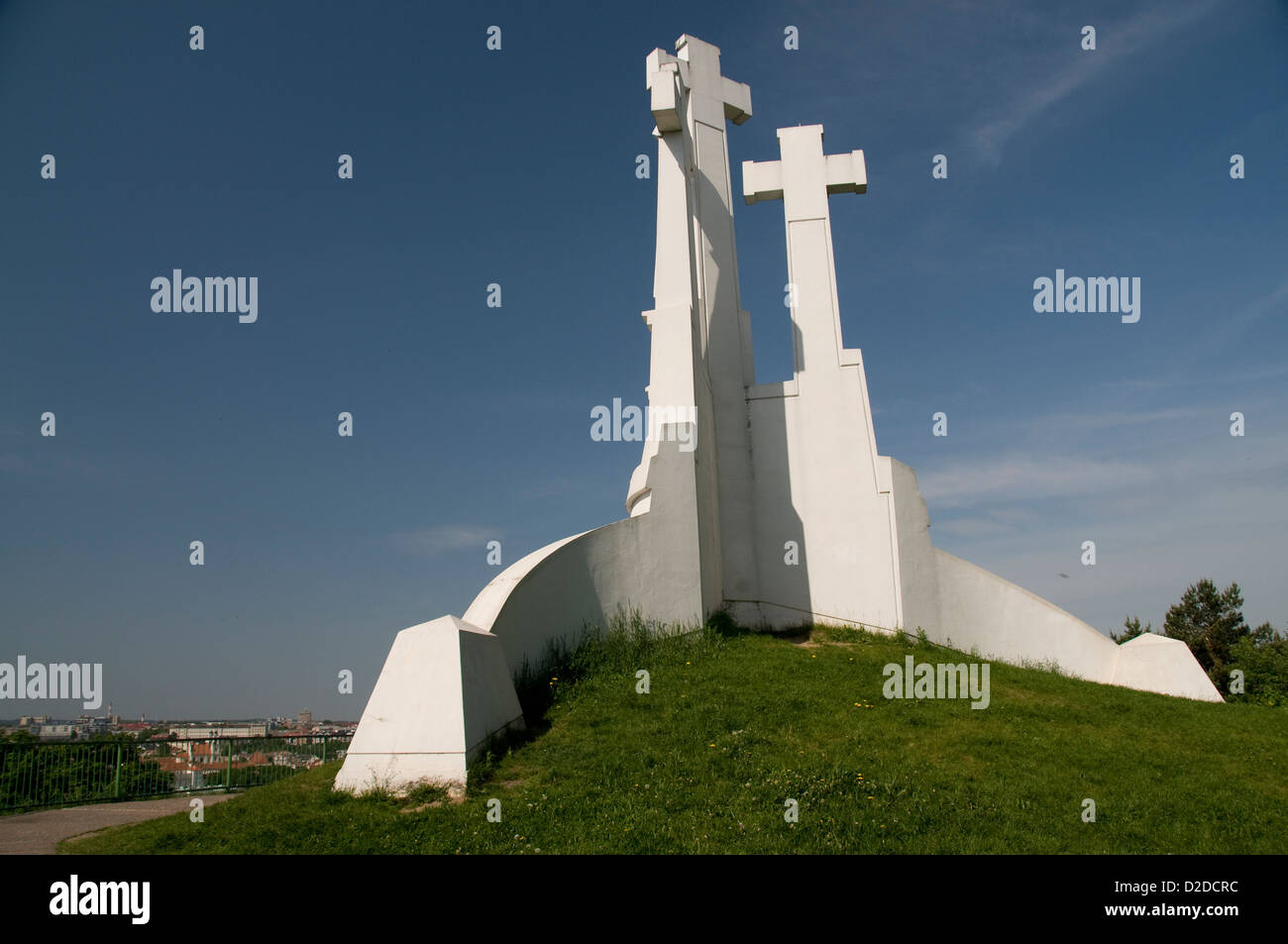 The Hill of Three Crosses monument made of white stone is a prominent landmark on top of a small hill within Kalnai Park of Vilnius in Lithuania, Stock Photo