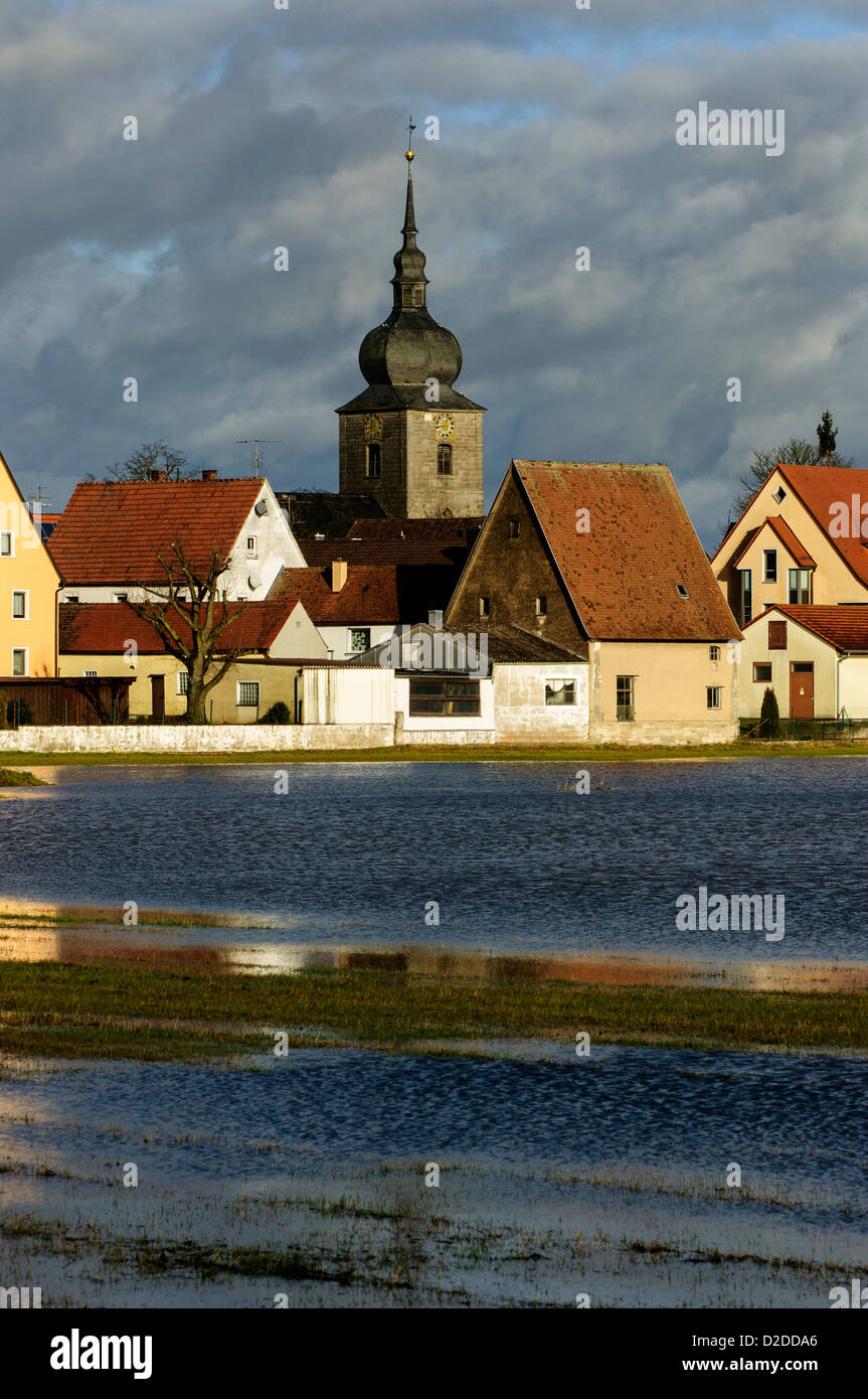 The village of Uehlfeld next to the Aisch flood plain in Middle Franconia, Bavaria, Germany. Stock Photo