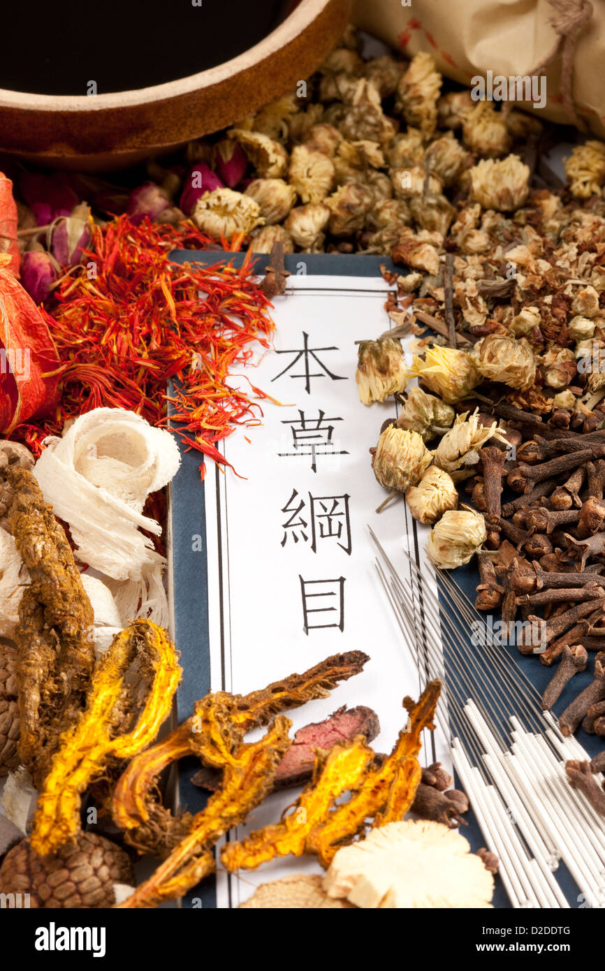 Chinese herbal medicine and the ancient Chinese medical book Stock Photo