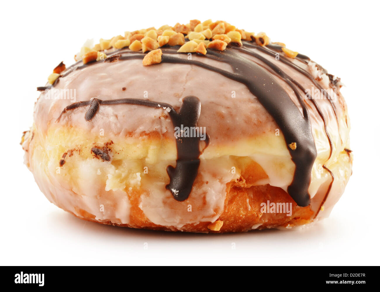 Fresh sweet doughnut isolated on white. Berliner with icing sugar, chocolate and nuts Stock Photo