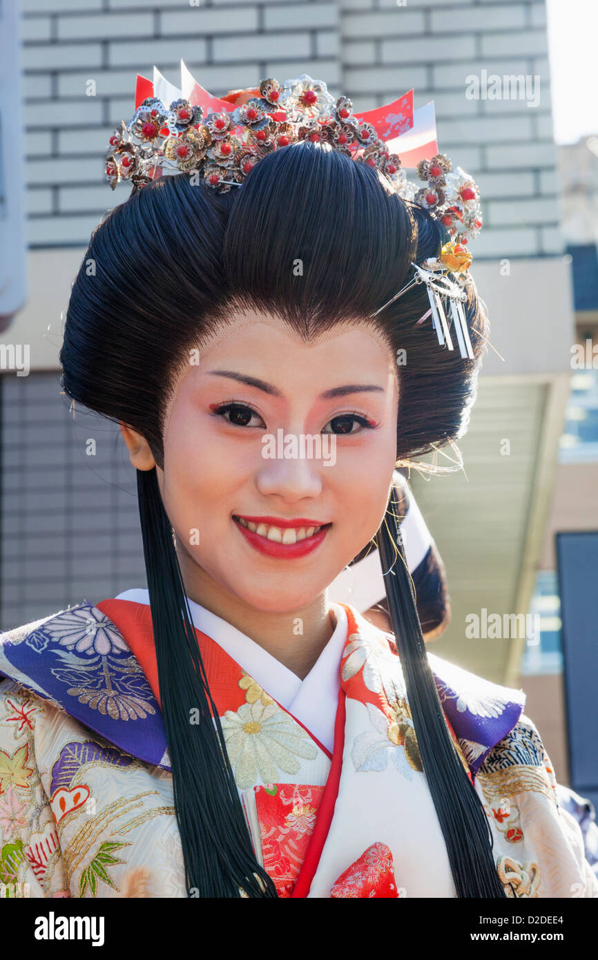 Japan,  Honshu, Kanto, Tokyo, Asakusa, Jidai Matsurai Festival, Female Participant dressed in Kimono Stock Photo