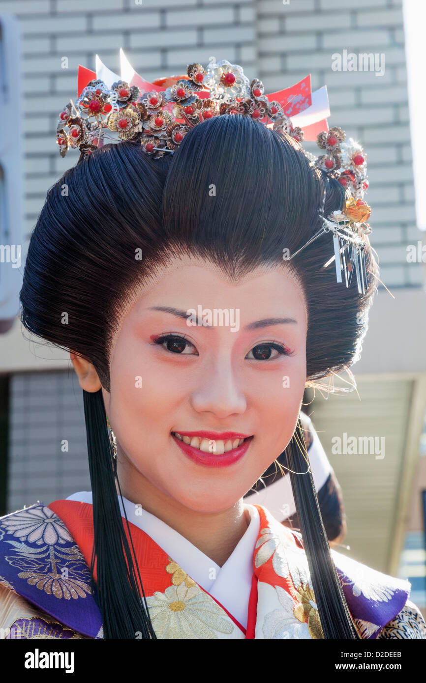 Japan,  Honshu, Kanto, Tokyo, Asakusa, Jidai Matsurai Festival, Female Participant dressed in Kimono Stock Photo