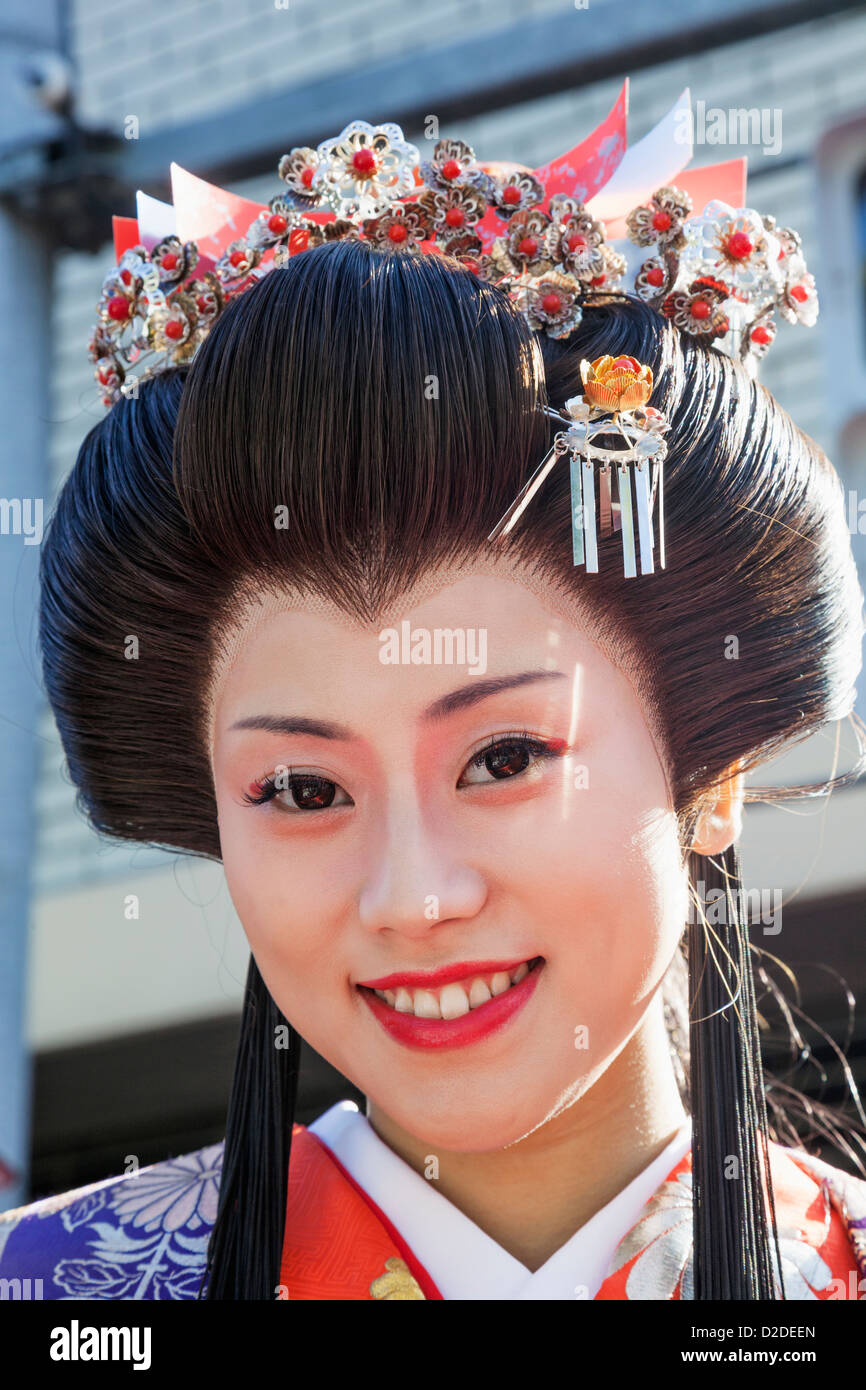 Japan,  Honshu, Kanto, Tokyo, Asakusa, Jidai Matsurai Festival, Female Participant dressed in Kimono Stock Photo