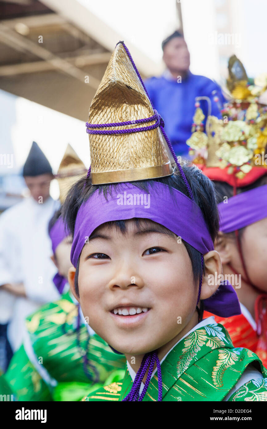 Japan, Honshu, Kanto, Tokyo, Asakusa, Jidai Matsurai Festival, Young Boy Dressed in Traditional Costume Stock Photo