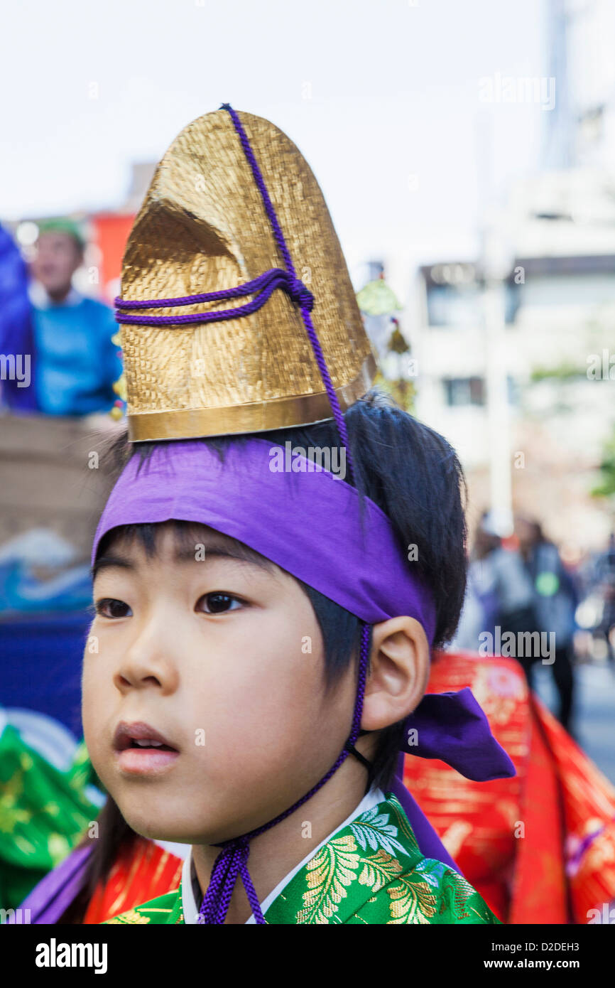 Japan, Honshu, Kanto, Tokyo, Asakusa, Jidai Matsurai Festival, Young Boy Dressed in Traditional Costume Stock Photo