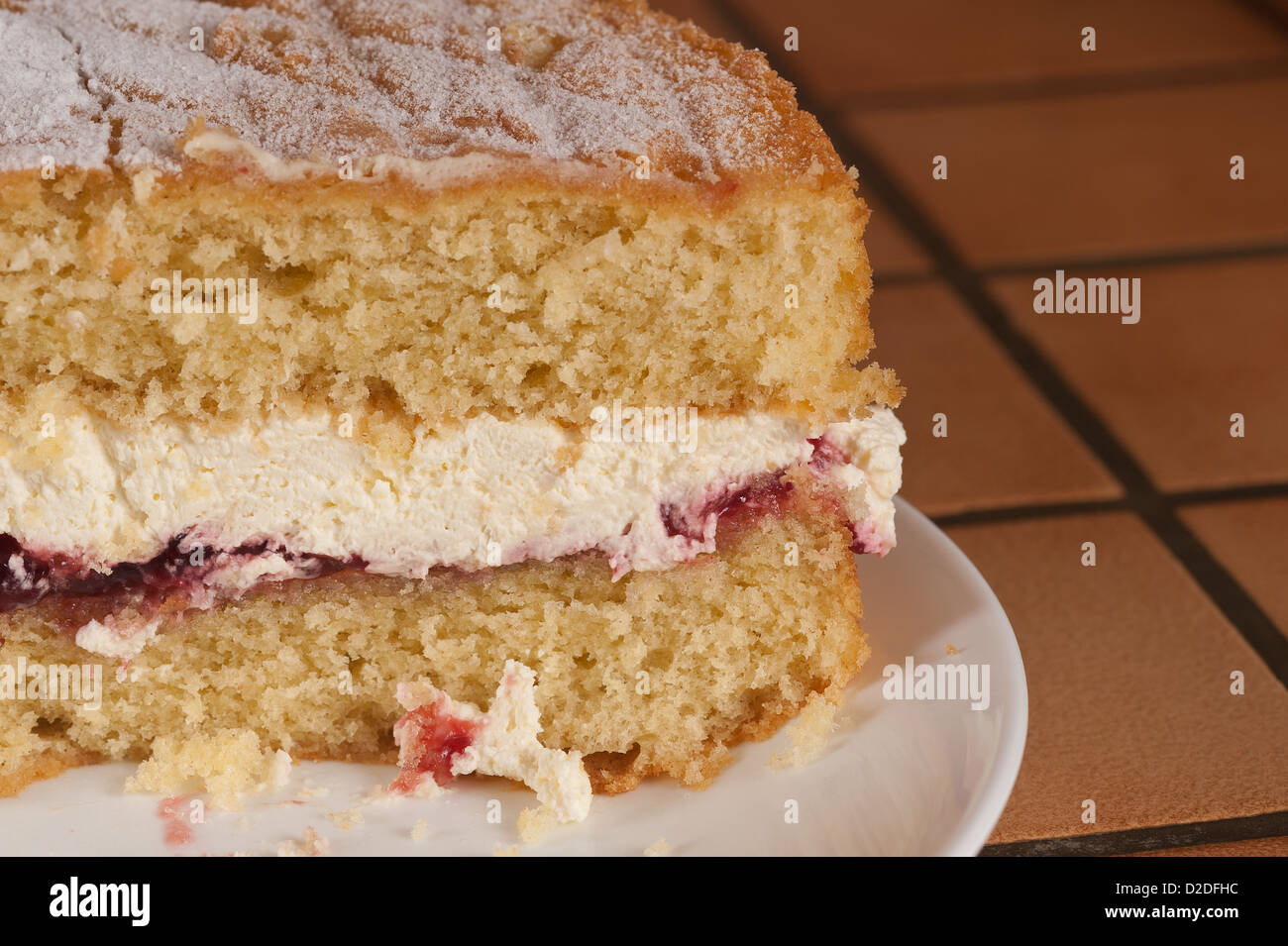 Classic Victoria sandwich traditional homemade sponge cake filled with double cream and jam