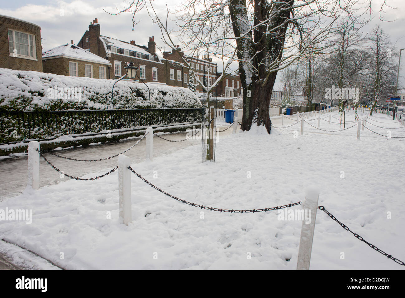 Dulwich Village homes landscape during mid-winter snow. Stock Photo