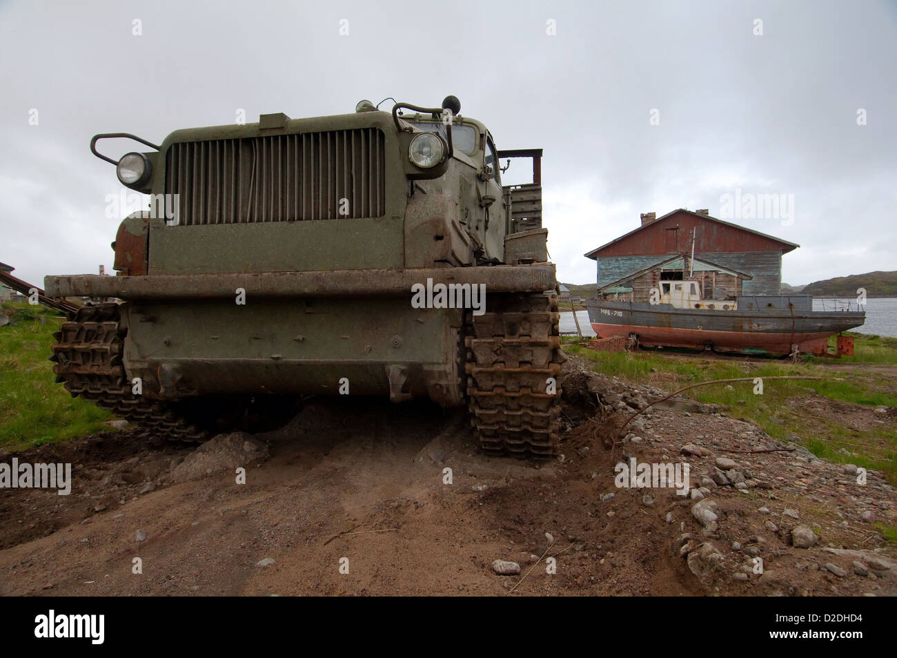 caterpillar cross-country vehicle AT-T, Dalniye Zelentsy, Barents Sea, Arctic regions, Russia Stock Photo