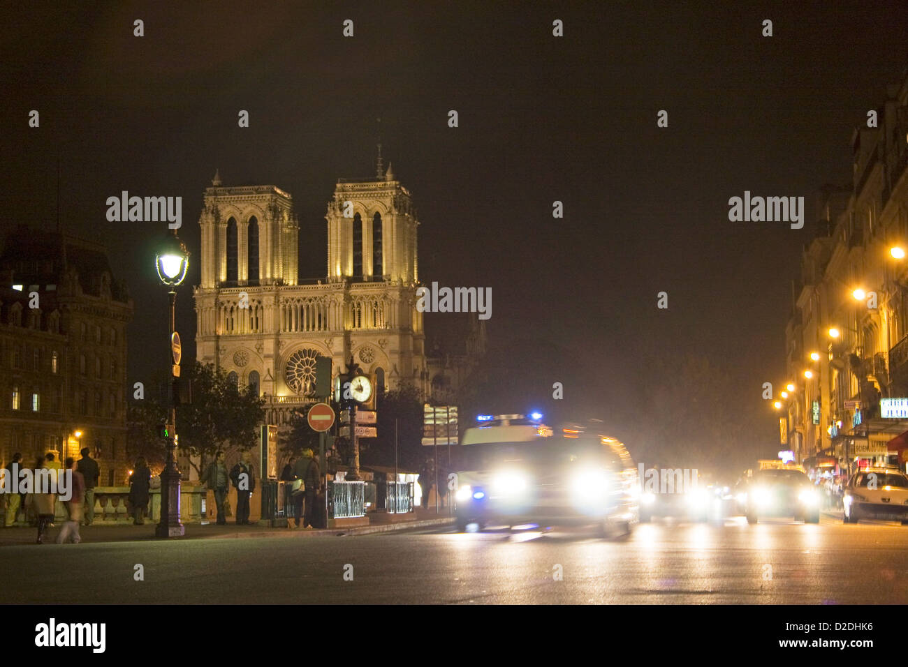 Left Bank of the River Seine and Notre Dame Cathedral, Paris, by night Stock Photo