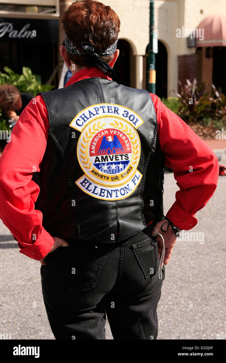 Female biker of the Chapter 301 AMVETS at the Thunder in the Bay motorcycle event in Sarasota Florida Stock Photo
