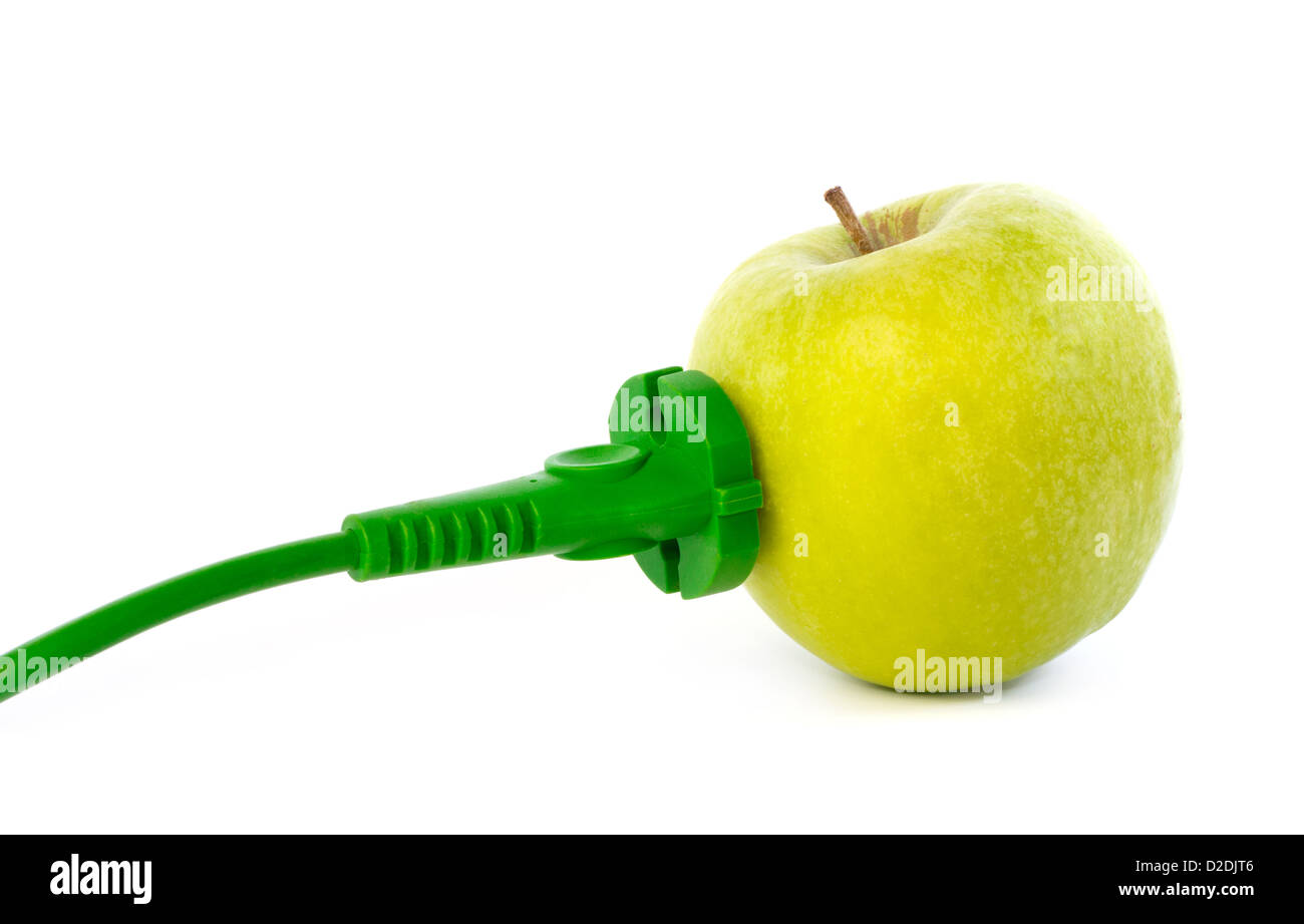 Green power cable attached to apple outlet against white background Stock Photo