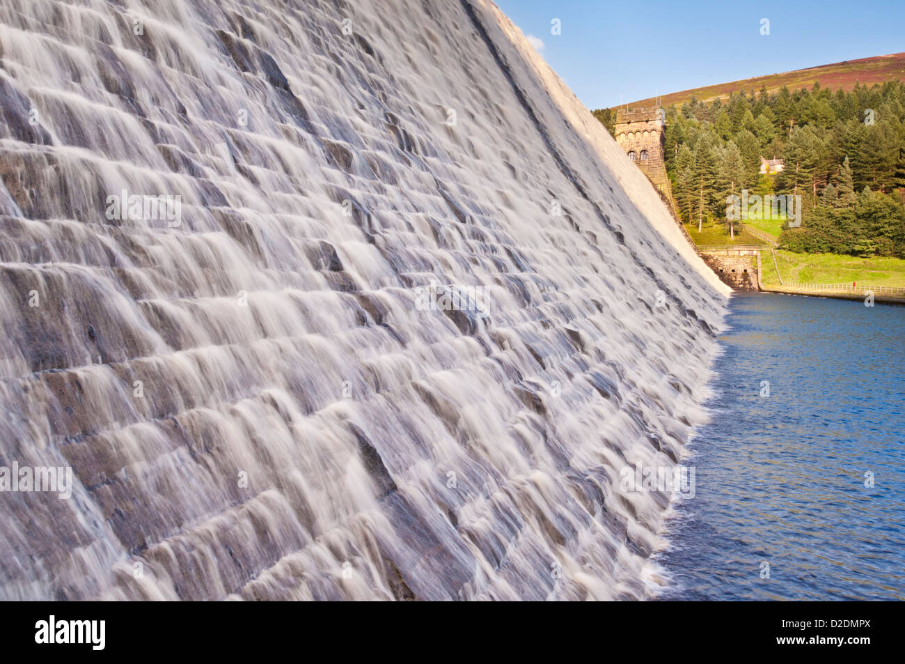 Dam wall with water overflowing Derwent reservoir Derbyshire Peak district national park Derbyshire England UK GB Europe Stock Photo