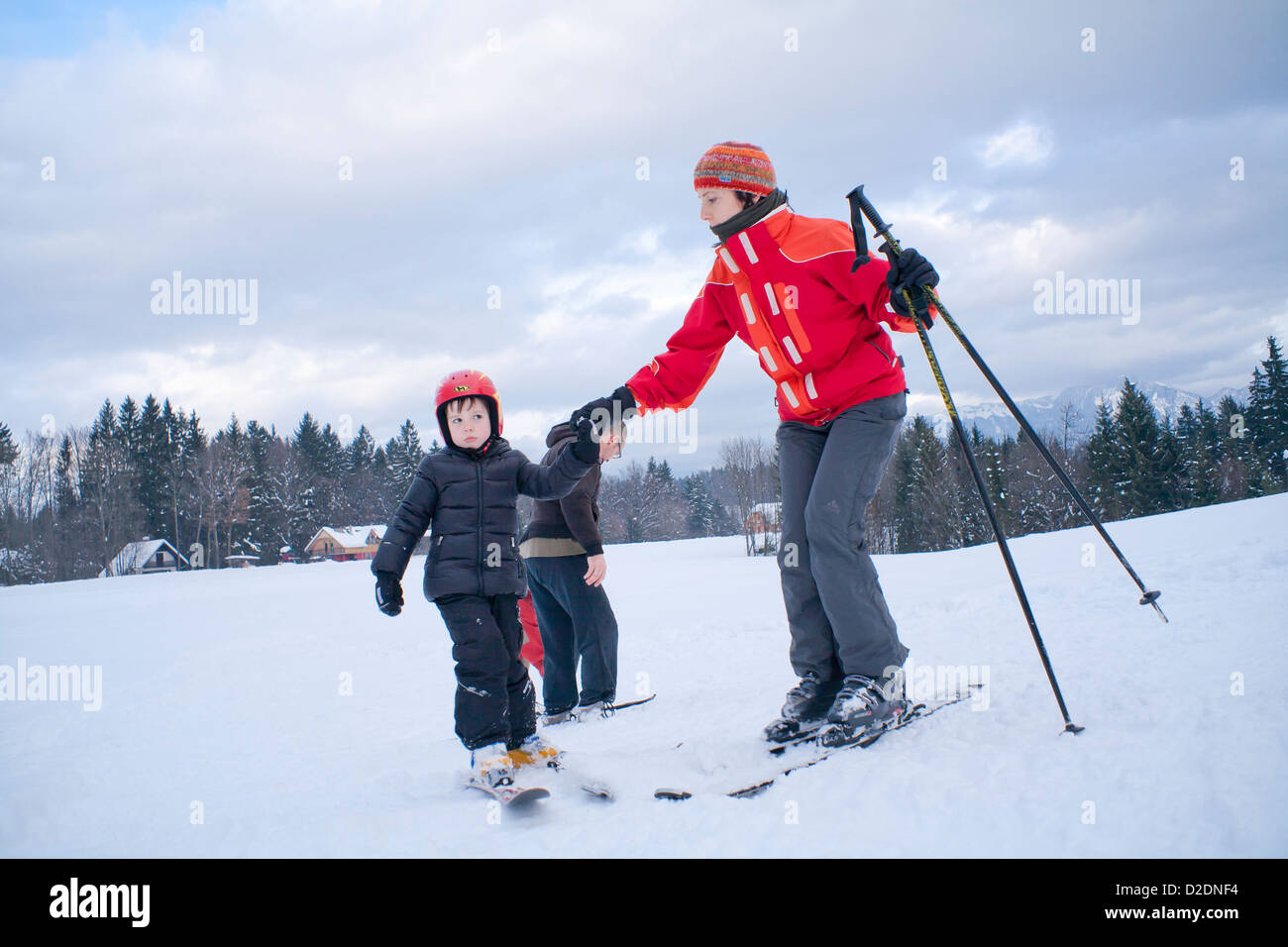 Ski lesson - family on snow. Stock Photo