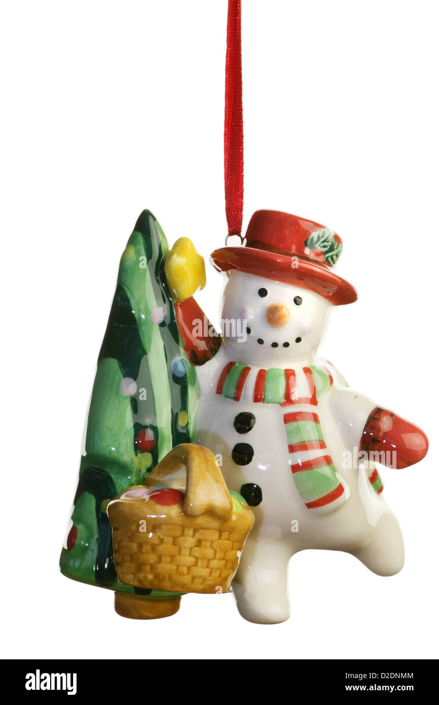 Snowman and Christmas Tree decoration on white background Stock Photo