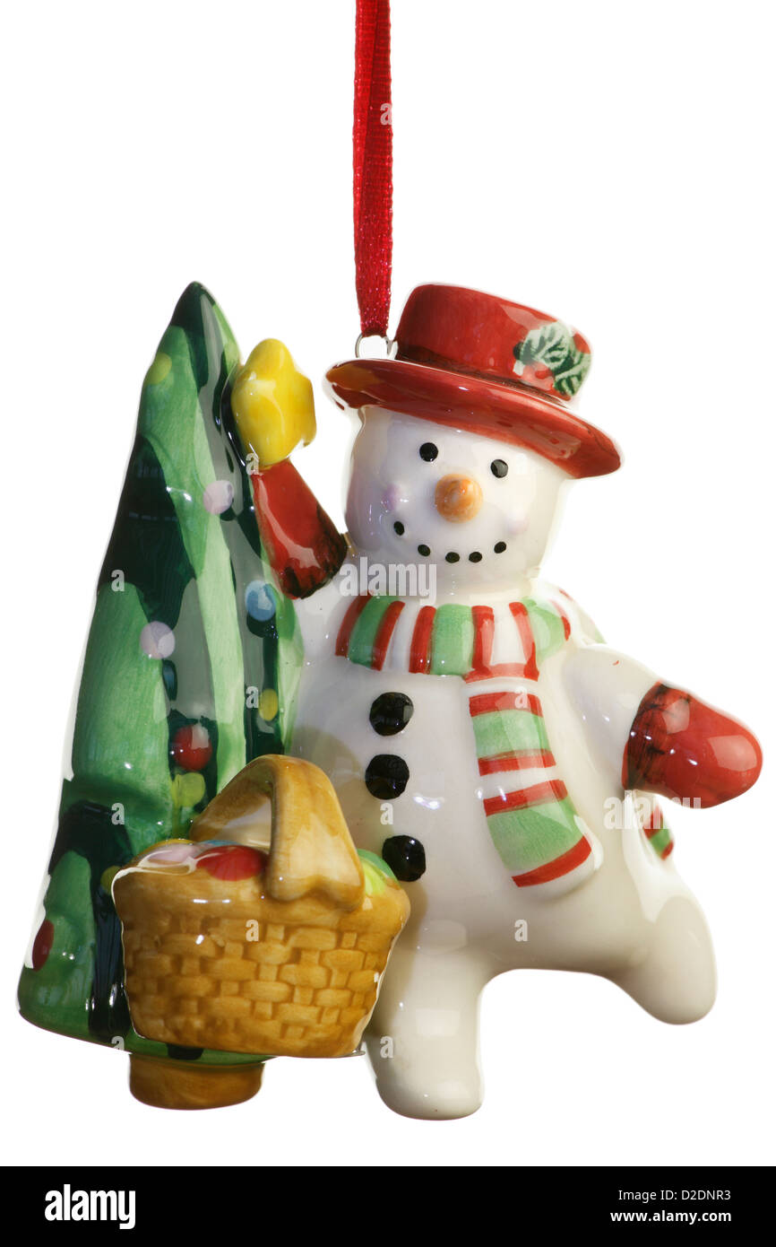 Snowman and Christmas Tree decoration on white background Stock Photo