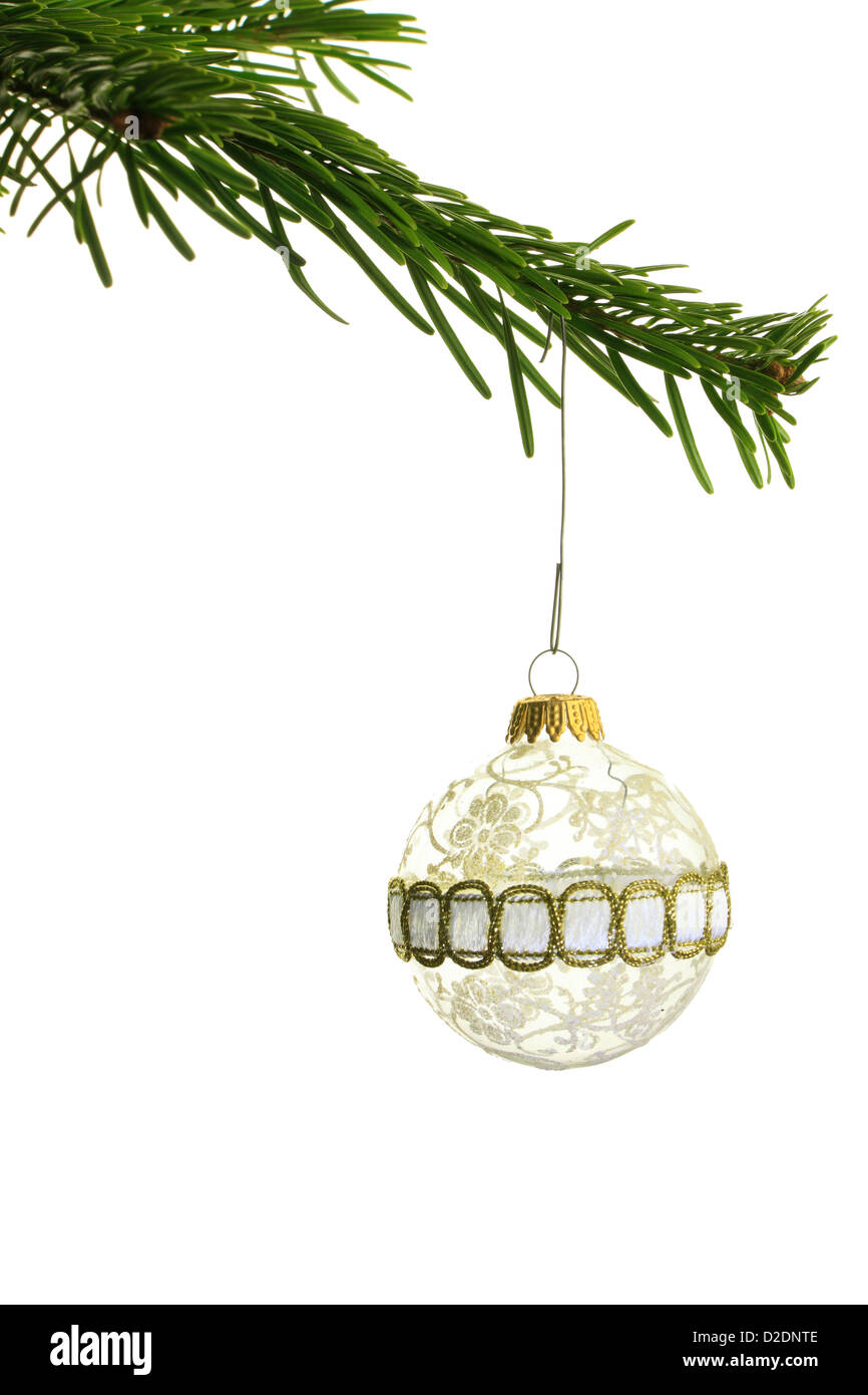 Pine branch and Christmas decoration on white background Stock Photo