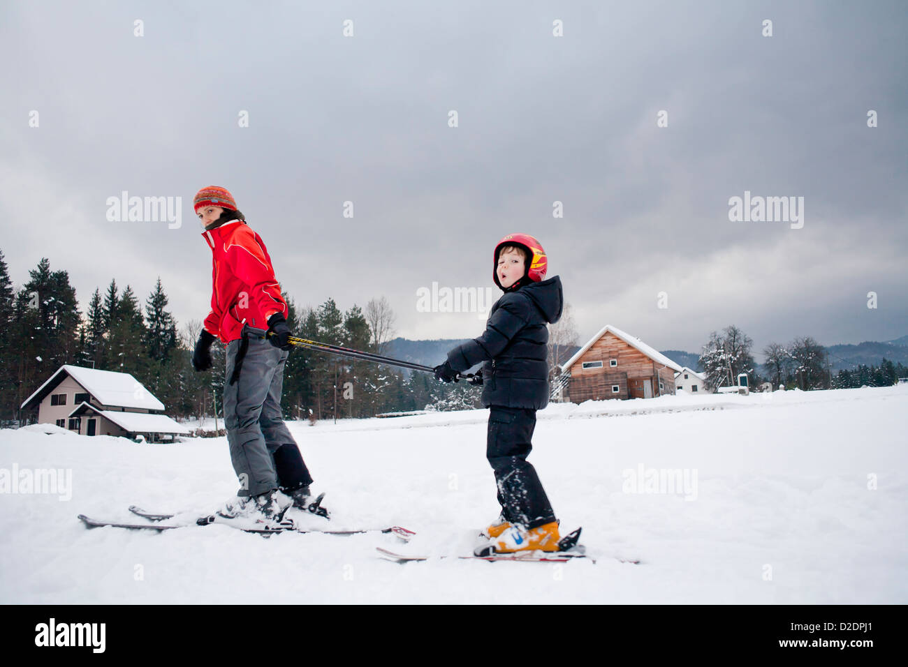 Ski lesson - family on snow. Stock Photo