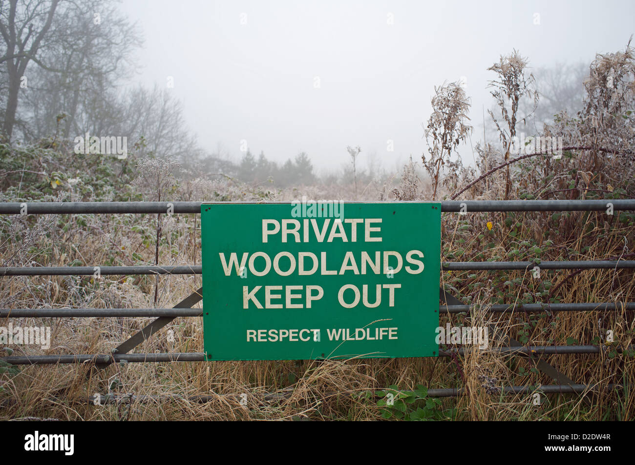 Private woodlands keep out sign Stock Photo
