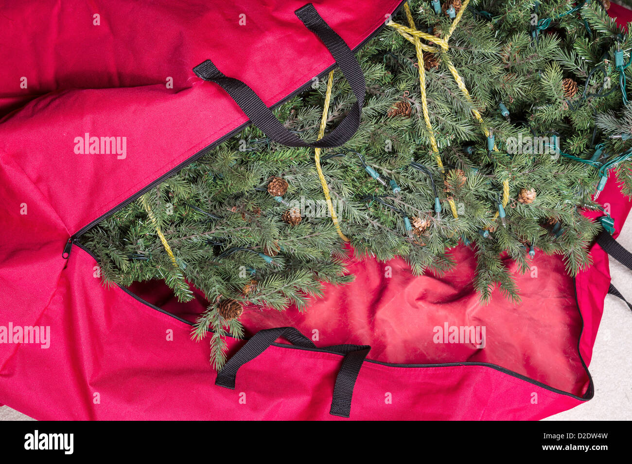 Large artificial Christmas tree being placed in red nylon zipper bag