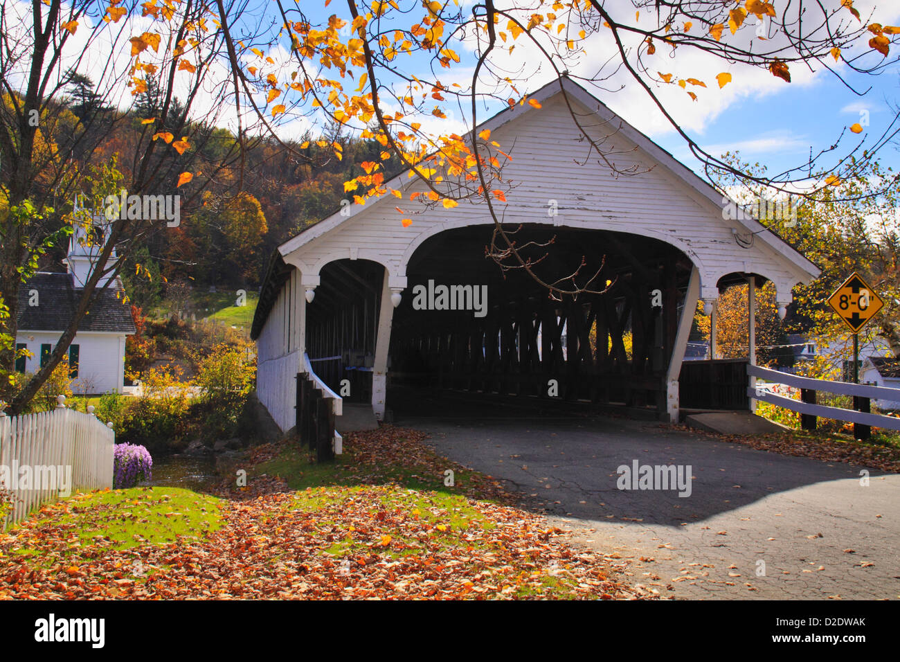 Church and Covered Bridge, Stark, New Hampshire, USA Stock Photo