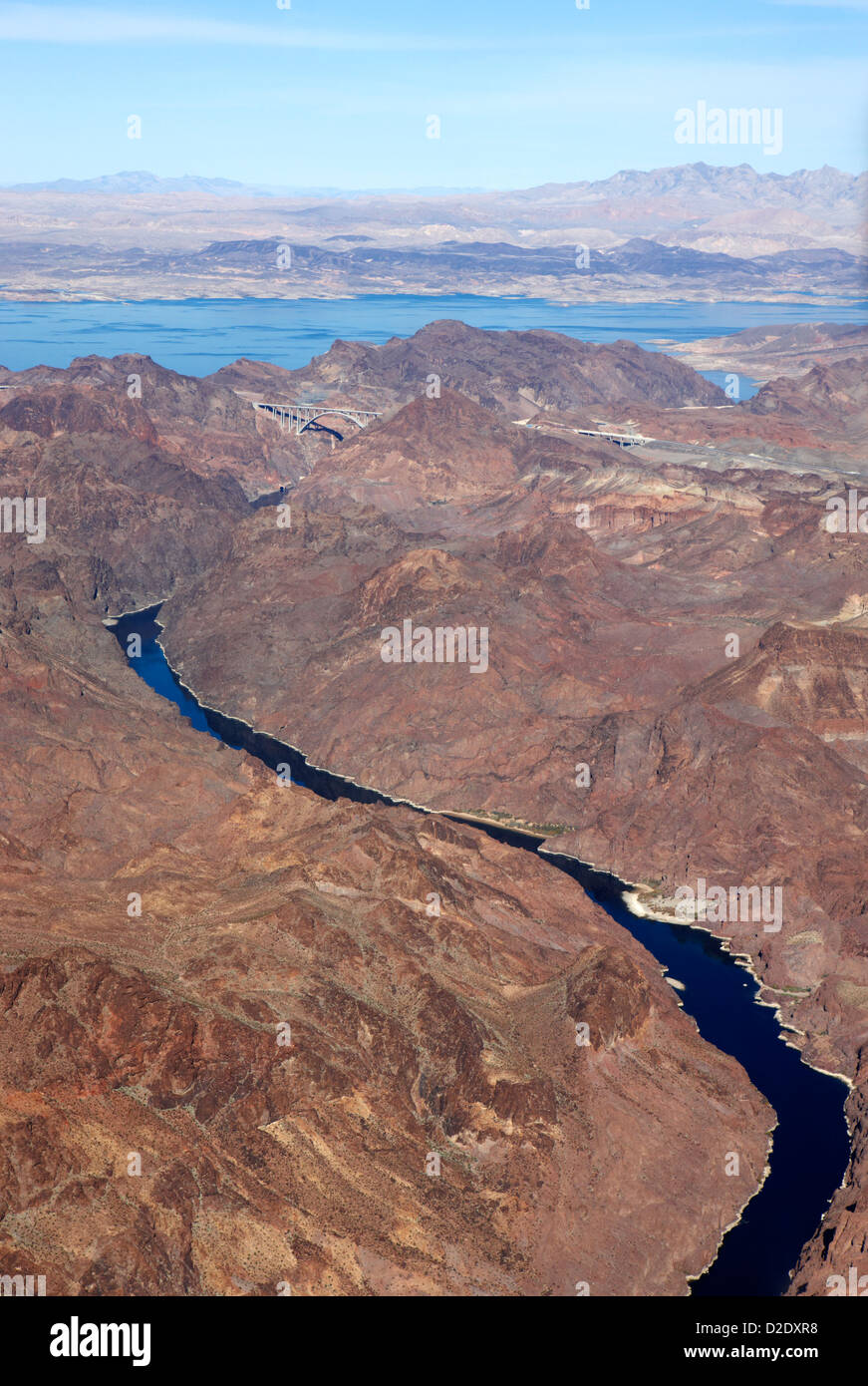 aerial view of the colorado river arizona nevada border below the hoover dam usa Stock Photo