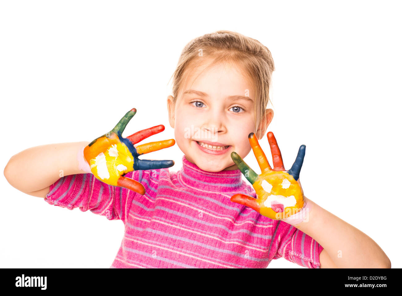Portrait of a happy cheerful girl showing her hands painted in bright ...