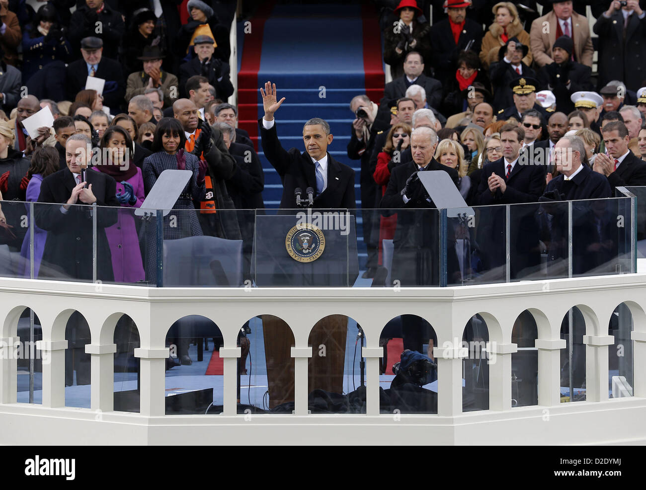 Jan. 21, 2013 - Washington, District Of Columbia, USA - President Barack Obama waves to crowd after his Inaugural speech at the ceremonial swearing-in on the West Front of the U.S. Capitol during the 57th Presidential Inauguration in Washington, Monday, Jan. 21, 2013. (Credit Image: © Scott Andrews/Pool/Prensa Internacional/ZUMAPRESS.com) Stock Photo