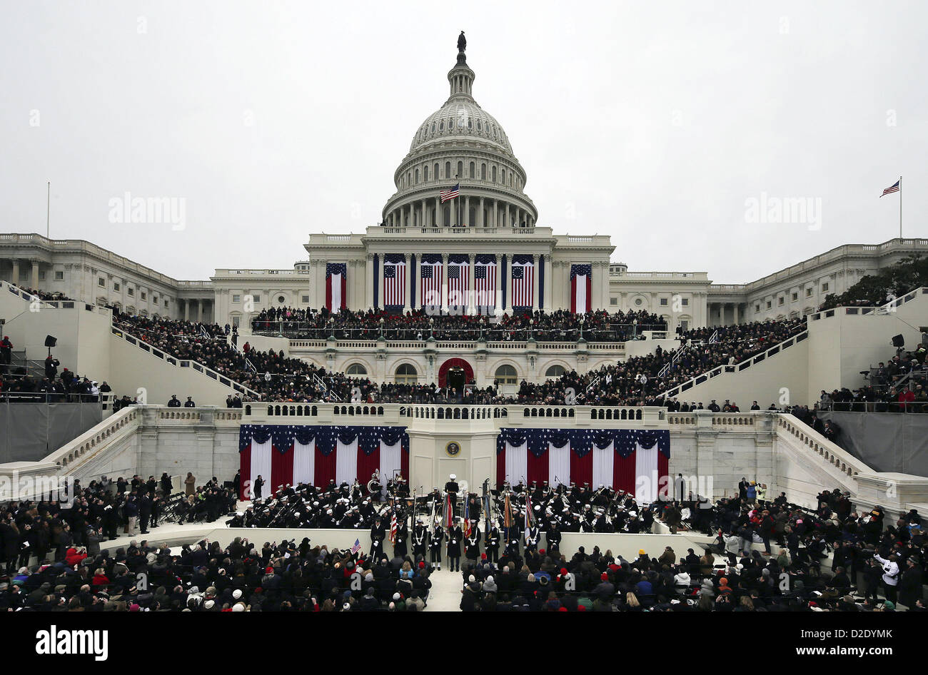 Jan. 21, 2013 - Washington, District Of Columbia, USA - President Barack Obama waves after his Inaugural speech at the ceremonial swearing-in on the West Front of the U.S. Capitol during the 57th Presidential Inauguration in Washington, Monday, Jan. 21, 2013. (Credit Image: © Scott Andrews/Pool/Prensa Internacional/ZUMAPRESS.com) Stock Photo