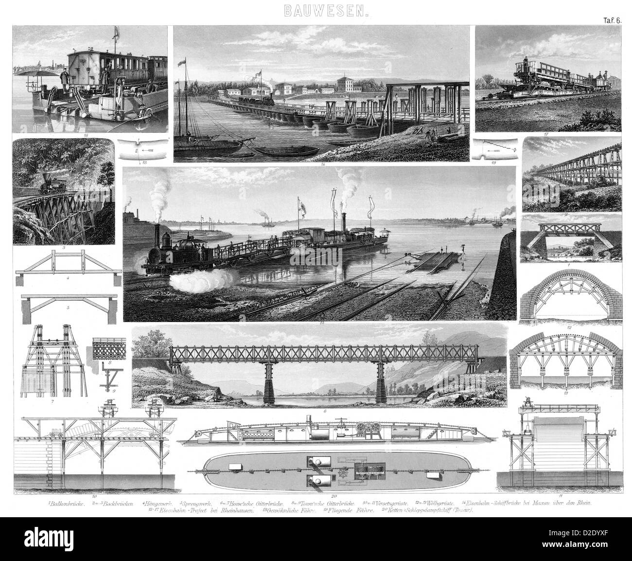 Vintage construction industry pictures of building railway bridges and ferries from the 19th Century Stock Photo