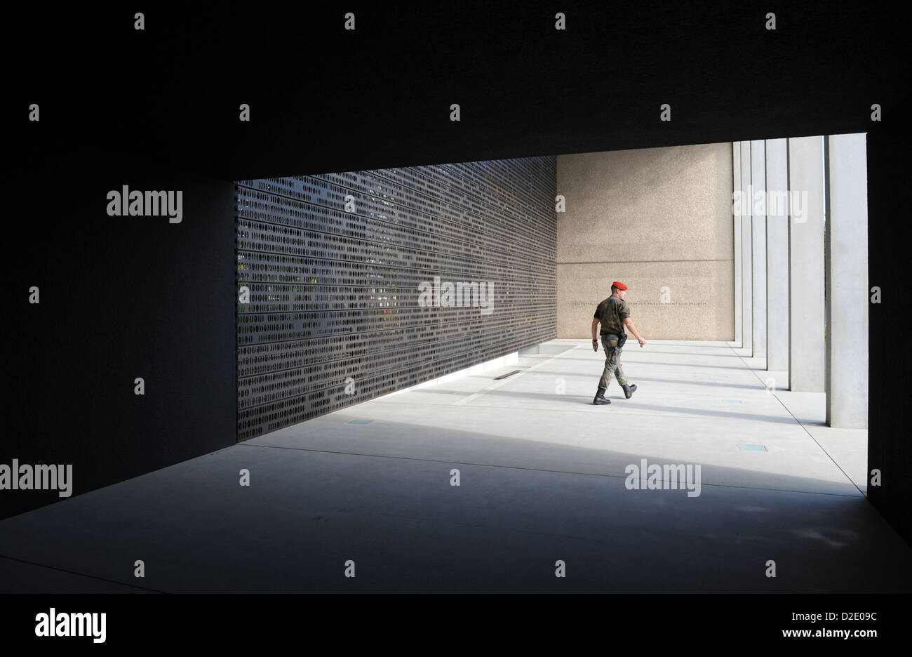 Berlin, Germany, a field Jaeger strides through the memorial to the German Armed Forces Stock Photo