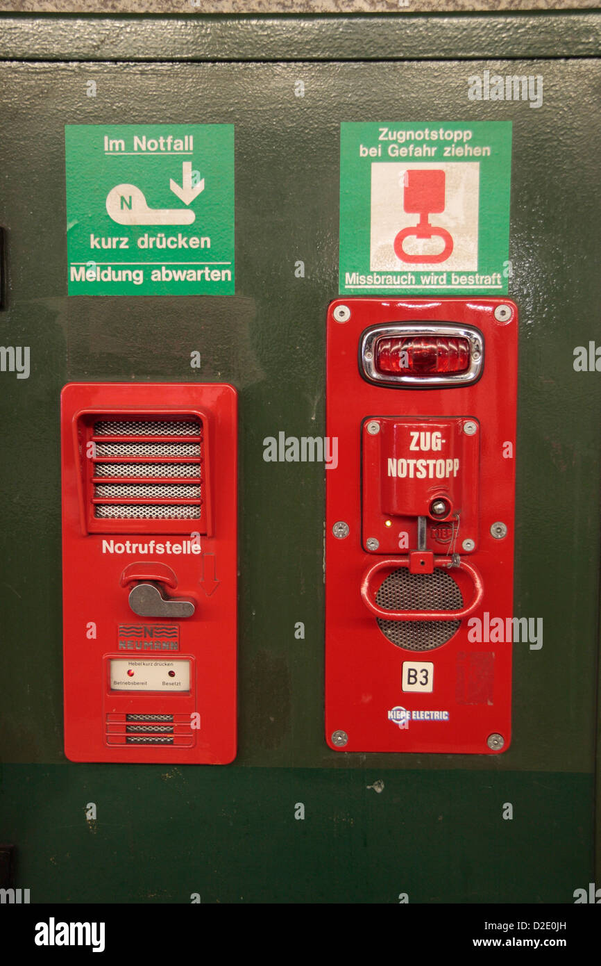 An emergency point (to stop a train) on a train platform at a U-Bahn train station in Vienna, Austria. Stock Photo