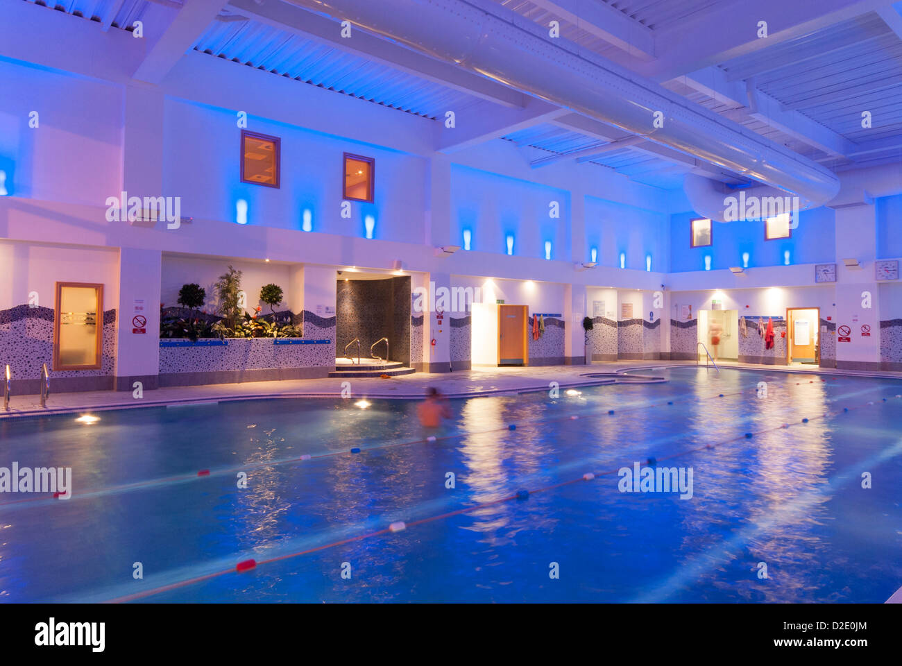 Hotel leisure centre swimming pool under coloured lighting at De Vere
