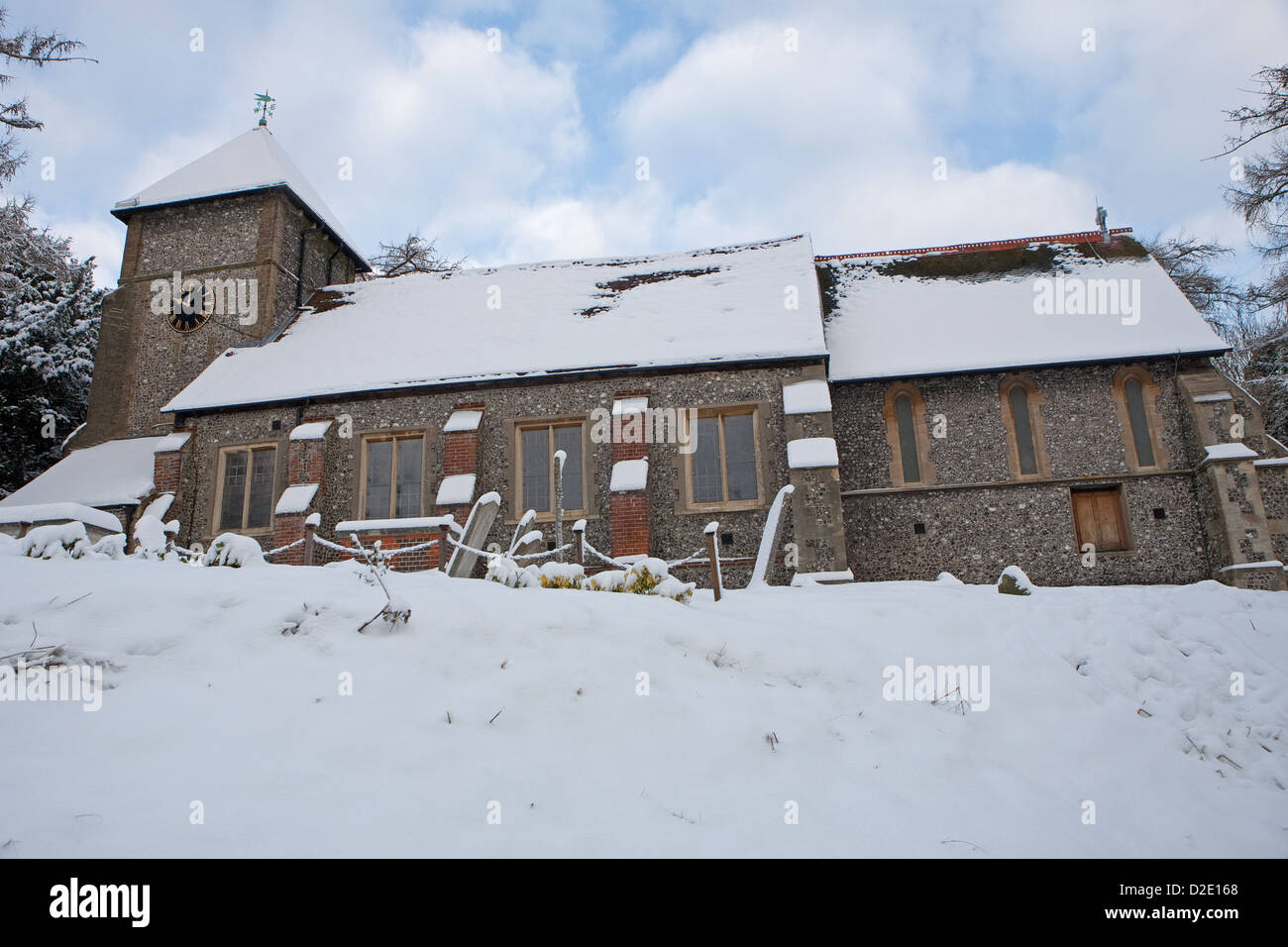 St Giles the Abbot church in Farnborough Kent covered in snow Stock