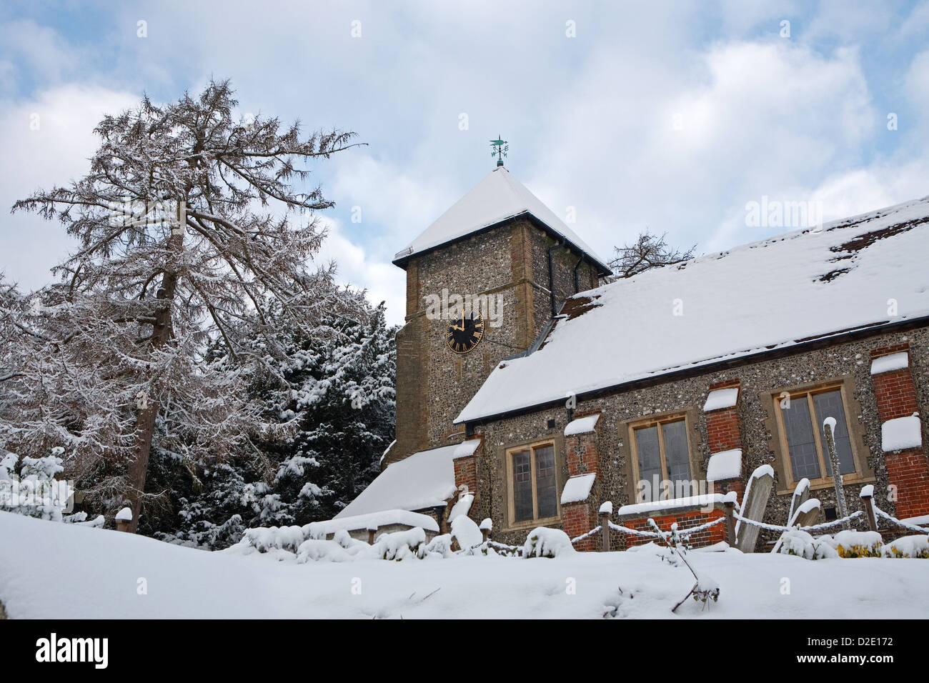 St Giles the Abbot church in Farnborough Kent covered in snow Stock