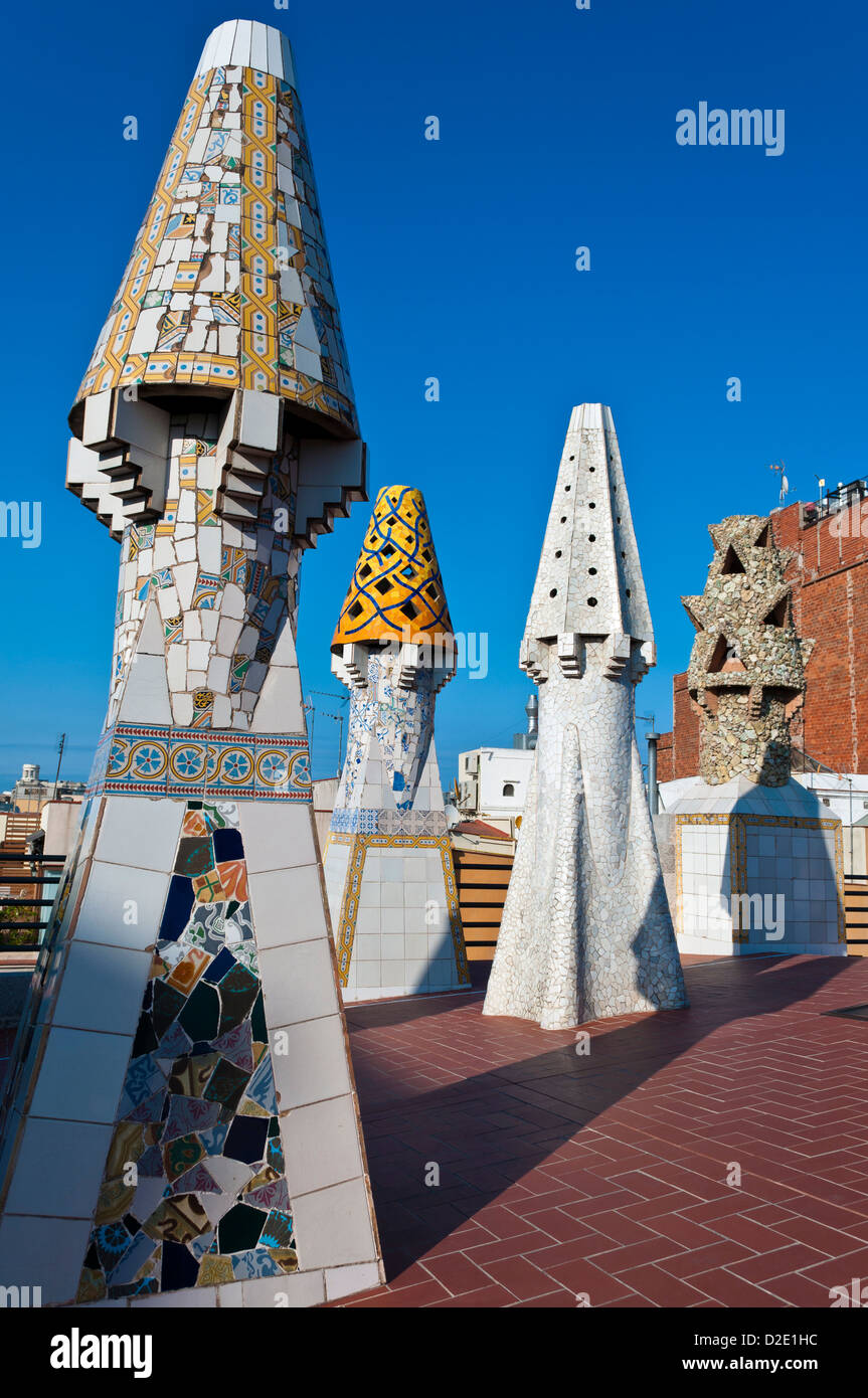 Colorful mosaic chimney, Palau Güell by Antoni Gaudi, Barcelona, Catalonia, Spain Stock Photo