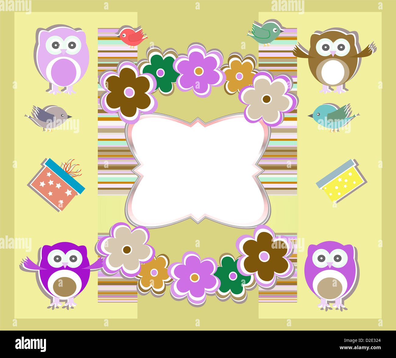 happy birthday card with cute owls, birds, flowers and gift box Stock ...