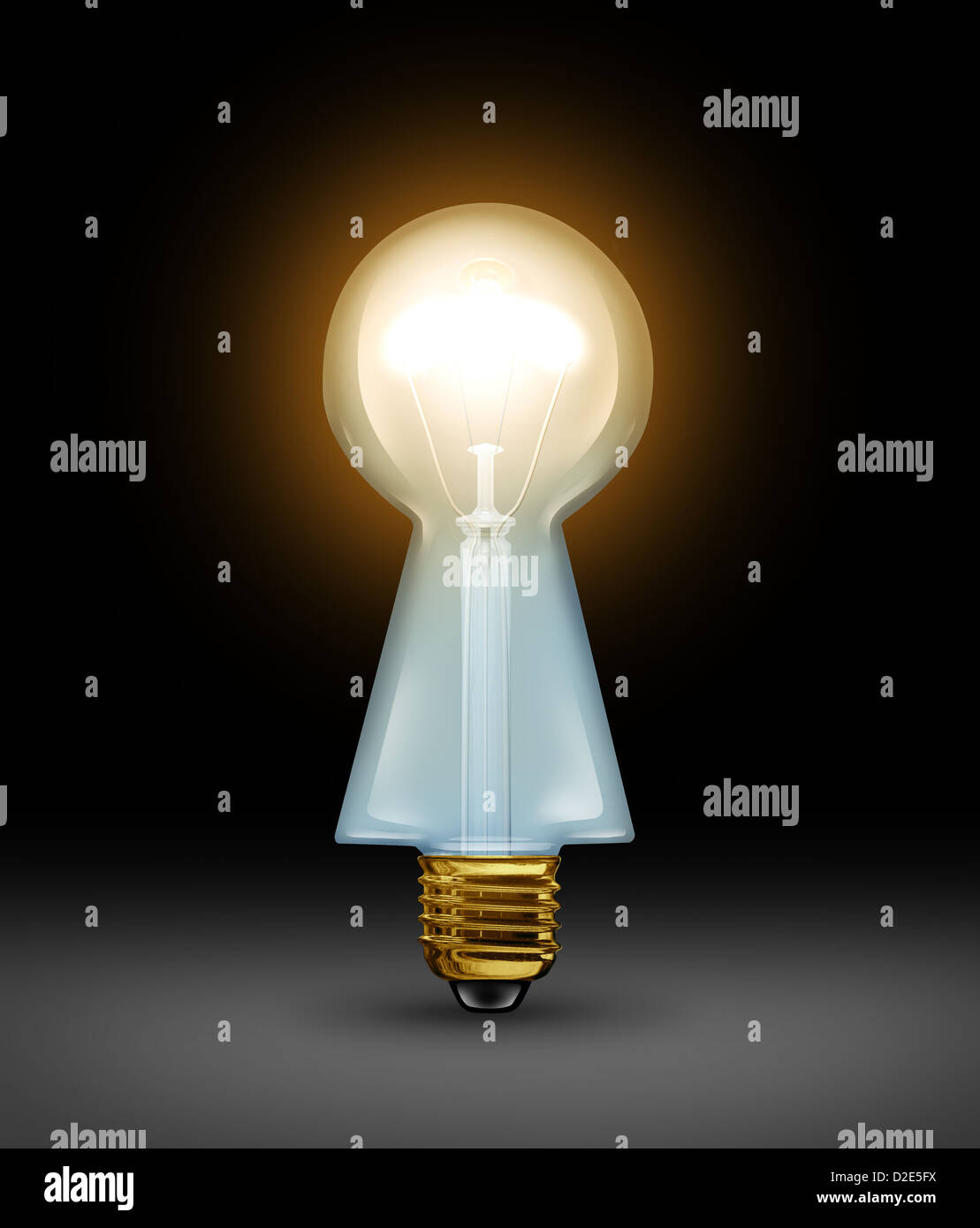 Intelligent answers and key ideas as brilliant business solutions concept with a light bulb in the shape of a keyhole on a black background as a concept of a creative key and expert guidance. Stock Photo