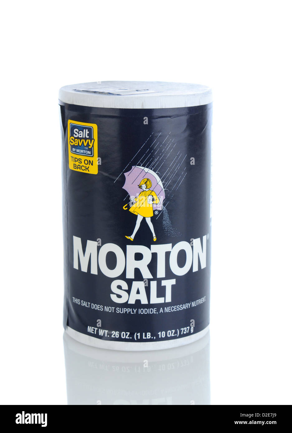 A box of Morton Salt isolated over a white background with reflection. Stock Photo