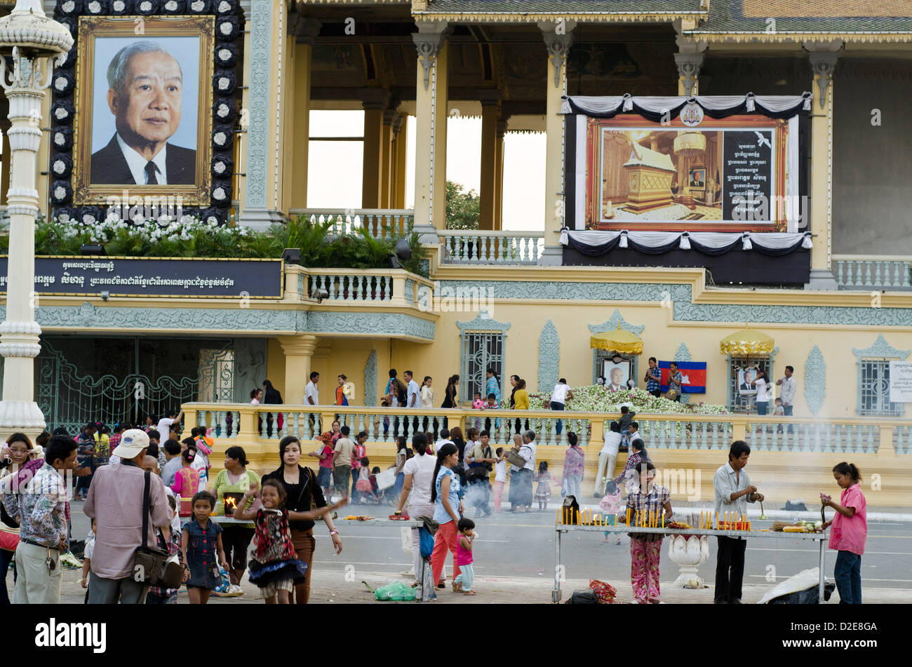 People in front of Royal Palace ,Phnom Penh mourning the death of King Father Norodom Sihanouk who died last October 15, 2012. Stock Photo