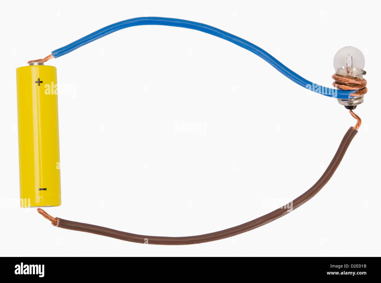 Closeup of a battery connected to light bulb Stock Photo Alamy