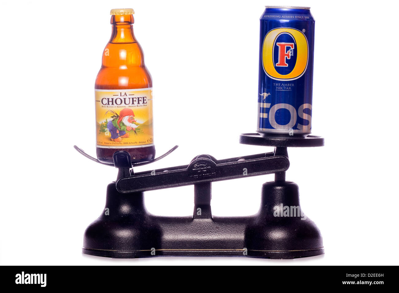 Quality Belgium bottle beer versus Cheap beer cutout Stock Photo